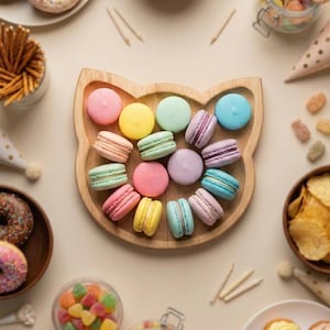 Cat-Shaped Wooden Tray with Cute Animal Design, Snack & Dessert Serving for Kids Parties and Baby Shower, Natural Beech Wood Style
