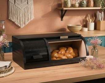 Brotkasten aus Holz mit Rolldeckel, Bäckerei Aufbewahrungsbox für Küchentheke, Bauernhaus Brotkasten, rustikale Küchendekoration, Geschenk der Großeltern