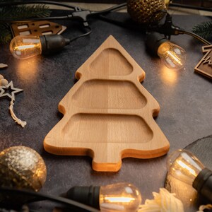 Wooden Snack Tray, Holiday Serving Board, Beech Wood Platter, Festive Candy Dish, Appetizer Plate with Sections, Kitchen Decor Christmas