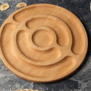 Round Wooden Party Serving Plate with Concentric Sections, Snack and Appetizer Dish for Cheese, Nuts, Fruit, Rustic Beech Wood Tableware