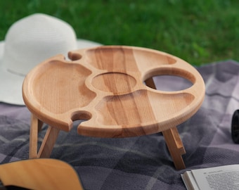Wood Engraved Folding Table with Legs, Portable Personalized Wine Tray with Snack & Charcuterie Compartments, Romantic Dating Organizer Gift