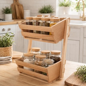 Puede incluir: Un especiero de madera de dos niveles lleno de frascos de vidrio. Los frascos contienen varias especias y condimentos, y están cubiertos con tapas de madera. El especiero es de madera clara.