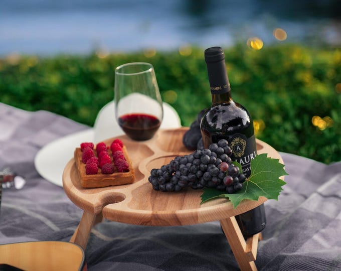 Folding Wine Table for 2 Glasses and 1 Bottle, Portable Wooden Picnic Tray, Small Outdoor Wine Table for Couples, Anniversary Gift Idea
