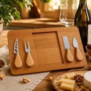 Op de afbeelding: Een rechthoekige houten kaasplank met een verzonken middengedeelte en vier geïntegreerde sleuven voor roestvrijstalen kaasmessen met lichthouten handvatten, waaronder een mes met gaten, een vork, een smeermes en een puntig mes.