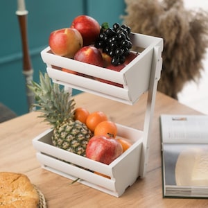 Two Tier Wooden Countertop Organizer, Freestanding Kitchen Rack for Fruits, Bread, Rustic Farmhouse Storage Stand for Pantry or Dining Table