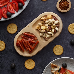 Small Wooden Appetizer Tray With Two Sections Natural Snack Dish for Nuts Dried Fruit or Tapas Oval Beechwood Serving Plate for Entertaining