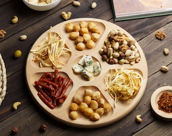 Round Wooden Serving Tray with Compartments, Charcuterie Board for Wine and Beer Snacks, Wooden Appetizer Platter, Housewarming Gift