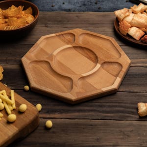 Octagon Wooden Serving Tray, Divided Snack Platter, Rustic Beech Wood Appetizer Board for Parties, Sectioned Cheese and Fruit Plate