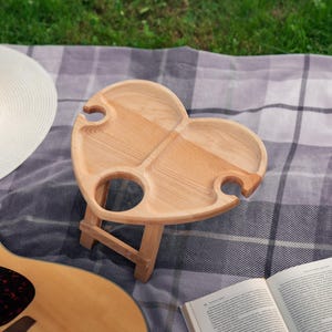 Wooden Picnic Table, Heart Shaped Wine Table, Foldable Date Night Table, Compact Outdoor Table for 2, Handmade Engagement Gift