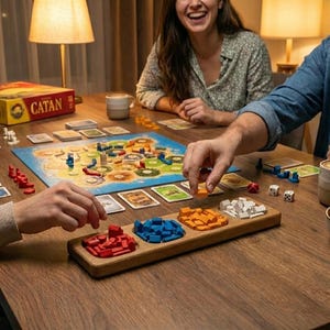 May include: A group of people playing a board game called Catan. The game board is set up on a wooden table, surrounded by game pieces, cards, dice, and snacks. The Catan box is visible in the background.