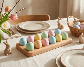 Easter Egg Holder for 12 Eggs, Wooden Countertop Egg Storage Organizer, Farmhouse Spring Brunch Table Decor Gift for Mom