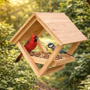 Hangende houten vogelvoederbak voor buiten, voederbak voor wilde vogels, voederbak voor achtertuin, voederbak voor tuinvogels, voederbak voor tuin