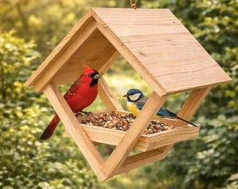 Alimentador de pássaros de madeira para pendurar ao ar livre, alimentador para pássaros selvagens, alimentador para pássaros de quintal, alimentador para pássaros de jardim, alimentador para pássaros para decoração de jardim.