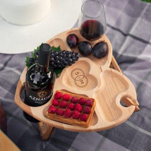 Personalized Wedding Wooden Wine Table, Couples Engagement Gift, Folding Picnic Table, Engraved Snack Tay, Beach Table, Romantic Gift