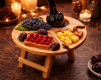 Mesa de vino romántica, bandeja plegable de madera para parejas, organizador de aperitivos para fiestas al aire libre, soporte portátil para 4 copas y botella, regalo para amantes del vino.
