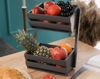 2 Tier Fruit Basket Stand Organizer for Kitchen Countertop Storage, Farmhouse Wooden Fruit Holder Tray, Tiered Natural Rack with Shelves