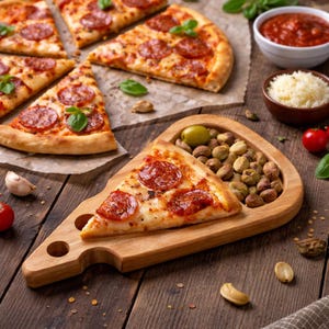 Può includere: Una fetta di pizza al salame su un tagliere di legno per pizza con un contorno di noci e un'oliva. Diverse fette di pizza sono su carta pergamena. È visibile anche una piccola ciotola di salsa di pomodoro e formaggio grattugiato.