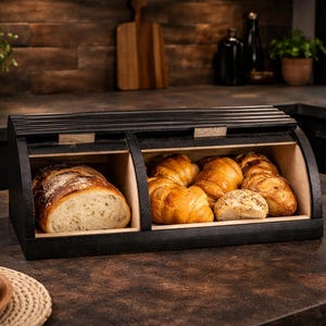 Black Wooden Kitchen Bread Box with Double Compartments, Roll-Top Bakery Storage for Fresh Bread, Buns and Dough Food Organizer