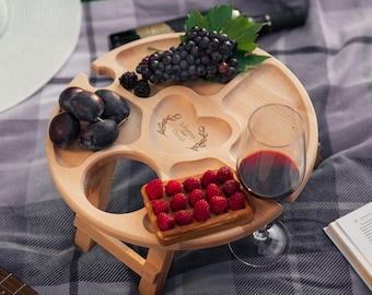 Folding Wooden Wine Picnic Table with Glass and Bottle Holders, Romantic Outdoor Picnics and Couple Gifts, Natural Beech Wood