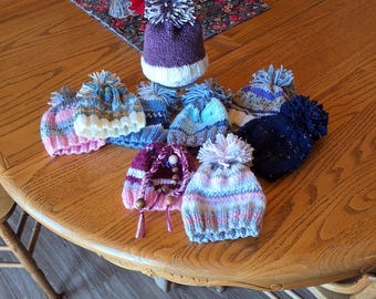 Hand Knit Stocking Caps Loose Poms Choose Variety Colors fit 18" Dolls like American Girl, My Generation