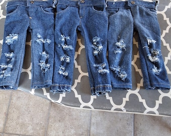 Handmade Disstressed Blue  Jeans Skinny 4 Pocket  Up Cycled Cotton  Stretch Fit 18 " doll like American Girl, My Generation  etc.