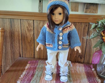 Hand Knit Country Blue Sweater  with matching Stocking Cap with Loose Pom fits 18 in Doll like American Girl, My Generation