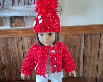 Hand knitted Christmas sweater with  matching  stocking cap fits 18 in dolls like American Girl and My Generation