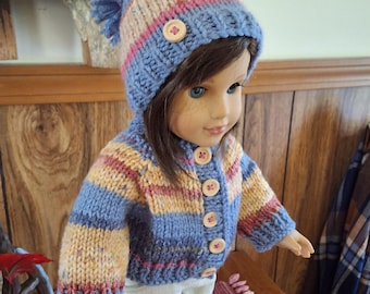 Suéter de punto hecho a mano para muñeca, gorro a juego, pompón suelto, colores surtidos, apto para muñecas de 18 pulgadas como American Girl, My Generation, etc.