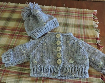 Hand Knit Textured Trim Roll Neck Buttoned Sweater with Stocking Cap Tweed  fit 18" doll like AG, My Generation ,Slim Body Kidz n' Cats