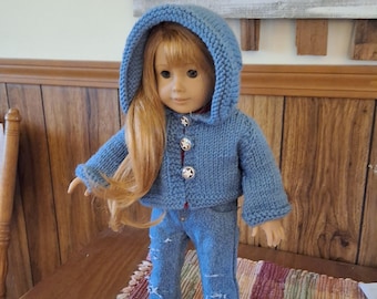 Hand knitted Hoodie Sweater Country Blue 3 button short waisted fits 18 in dolls like American Girl and My Generation or same body size