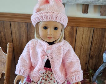Hand Knitted Pink Button Sweater with matching Stocking Cap Fits 18 "doll like American Girl, My Generation  etc.