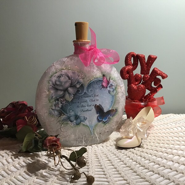 valentine gift,valentine decor, lighted bottle for valentines day, vintage valentine, shabby roses,  gift for her, sweetheart gift,