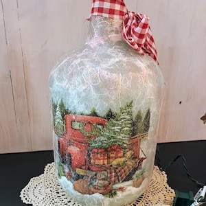 Red truck Christmas on repurposed glass jug red Christmas lights decorations decor gift family farmhouse country Christmas