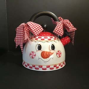 Hand Painted Snowman Tea Kettle: Farmhouse Christmas Kitchen Decor