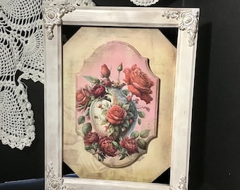 Shabby Chic Framed Rose Print: Cottagecore Farmhouse Wall Decor