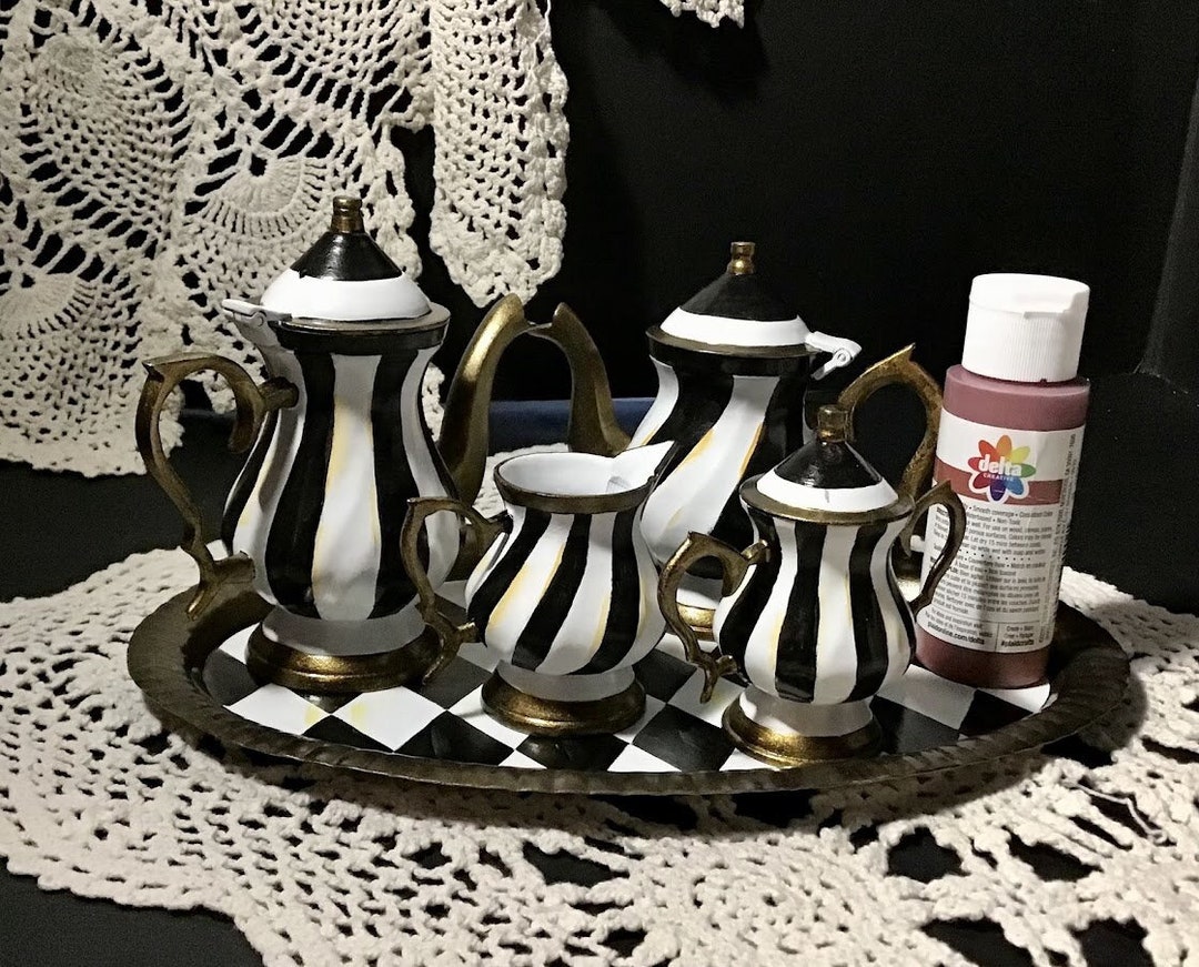 Hand Painted Miniature Tea Set, Black and White Whimsical Tea Set, Designer Inspired, Silver Tea