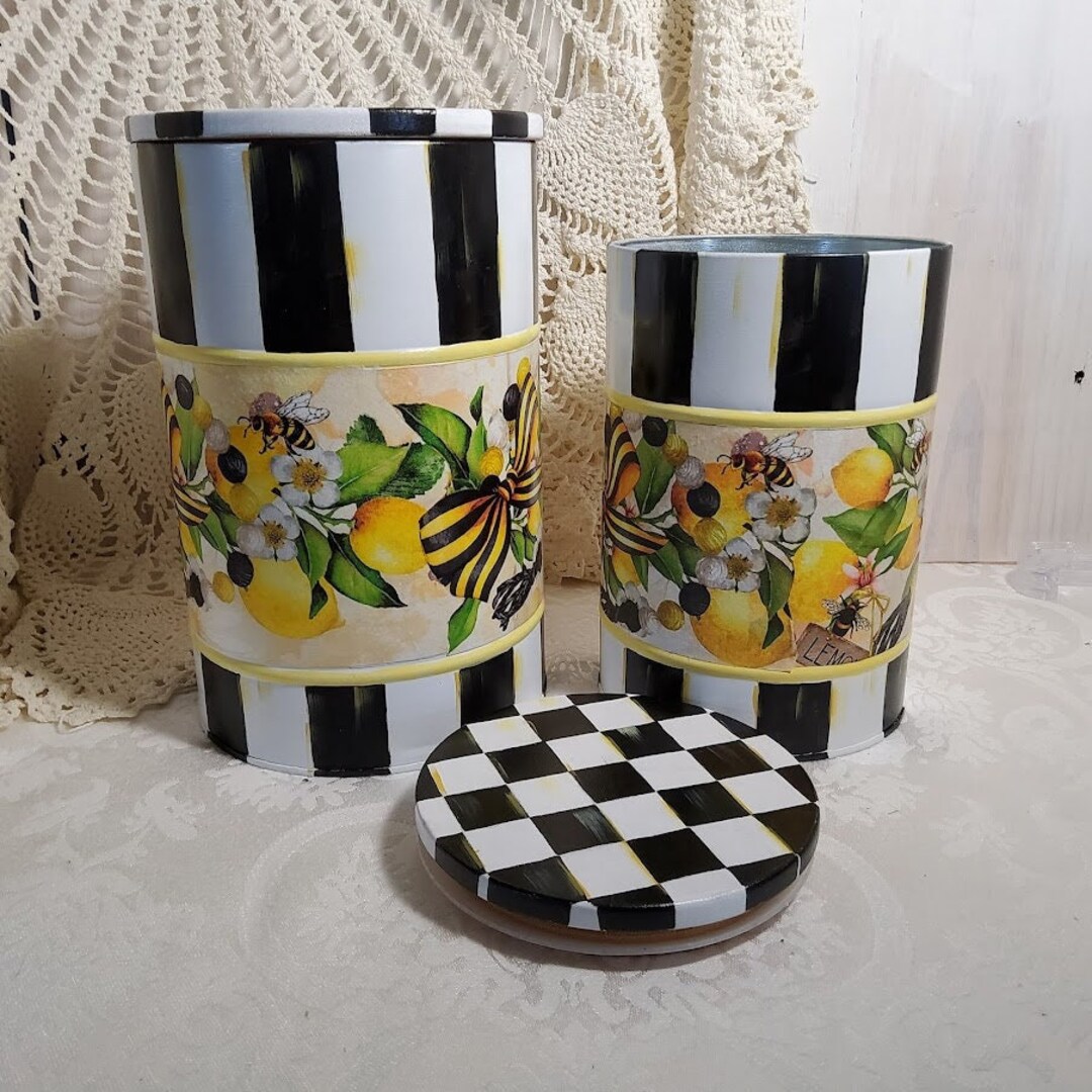 Lemons and Bees Canasters Set, Whimsical Style Painting, Modern