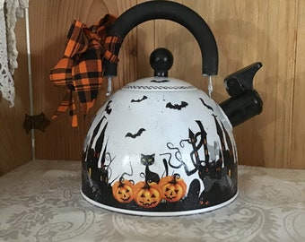 Decoupage Halloween Tea Kettle: Spooky Farmhouse Kitchen Decor