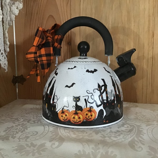 Decoupage Halloween Tea Kettle: Spooky Farmhouse Kitchen Decor