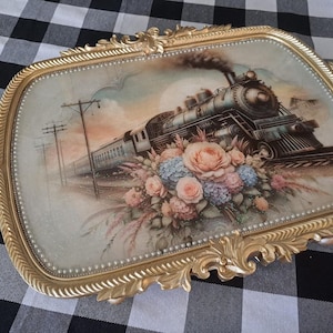 Vintage Style Serving Tray: Train & Roses Decoupage, Gold Accents