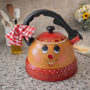 Hand-Painted Gingerbread Girl Tea Kettle • Christmas Kitchen Decor • Farmhouse Holiday Decoration •