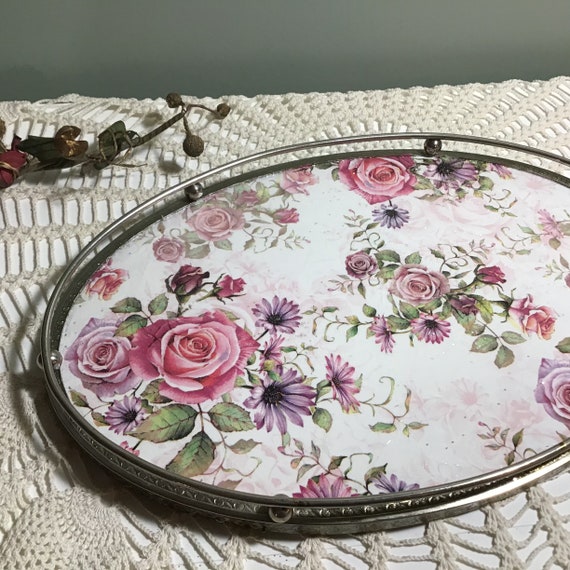Vintage Mirrored Tray With Roses Shabby Chic Decor Pink Home