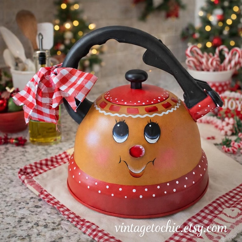 Hand-painted Gingerbread Girl Tea Kettle • Christmas Kitchen Decor ...