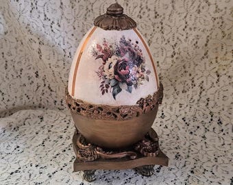 Victorian Floral decorated Egg with Stand • Shabby Chic Ornate Decor