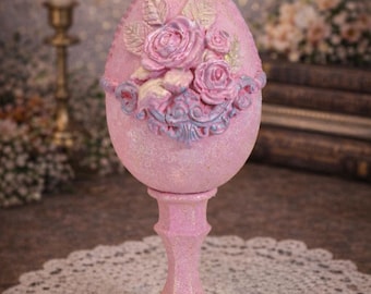 Shabby Chic roses Hand Painted Egg on Stand, Victorian Cottagecore Easter Decor,