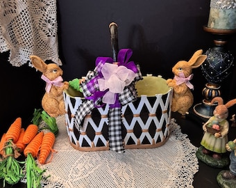easter basket and bunnies, black and white, white rabbit, whimsical, Easter holiday, holiday decor, easter decor, peter rabbit