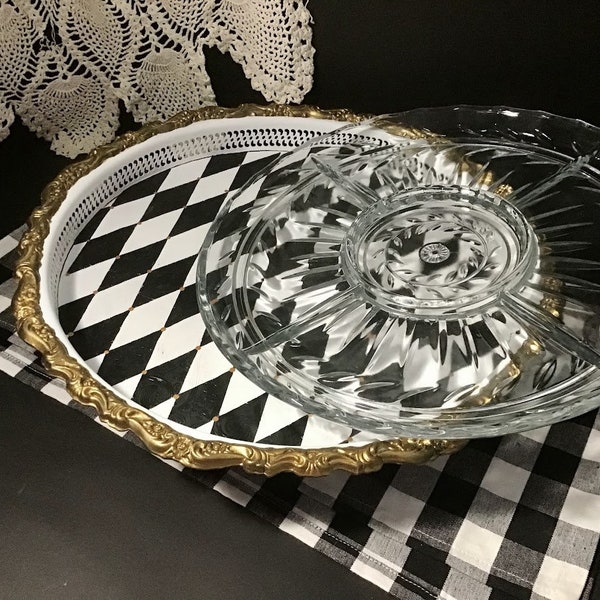 Vintage silver plate lazy susan serving dish, Hand Painted black and white whimsical, serving tray with glass insert, dining decor,