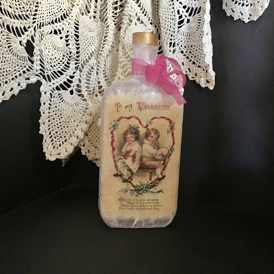 Vintage Valentine on Lighted Wine Bottle, Victorian Valentine Decor