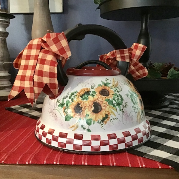 Sunflowers, tea kettle sunflowers, sunflower decor, kitchen decor, farmhouse decor, tea kettle, down on the farm, farm decor,