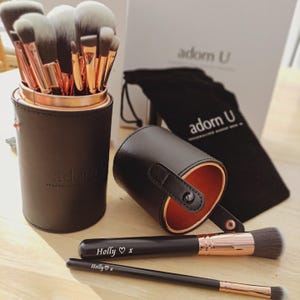 Personalised Vegan Makeup Brush Set for Mum, Engraved, Copper Ferrules, Travel Case